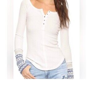 Free People Newbie Ski Lodge ALPINE Knit Crochet Cuff Thermal Henley Ivory Blue